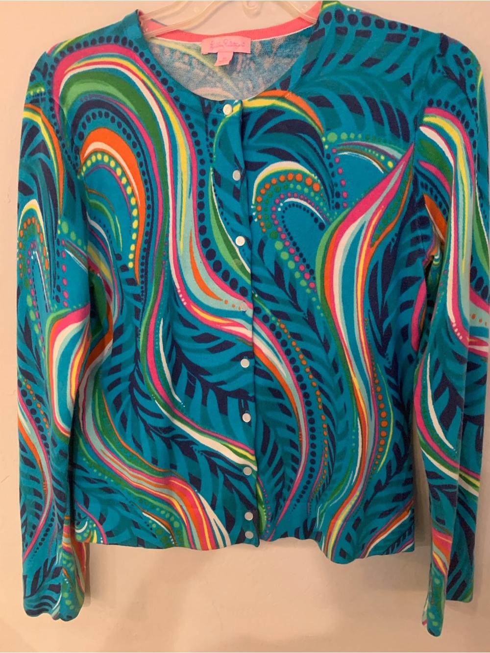 Lilly Pulitzer Teal Multicolor Printed Button Cardigan Size M slim fit no flaw
